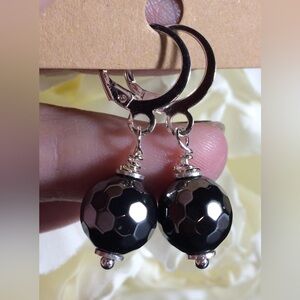 Microfaceted Hematite Hoop Lever Back Earrings Natural Gunmetal Grey Gems